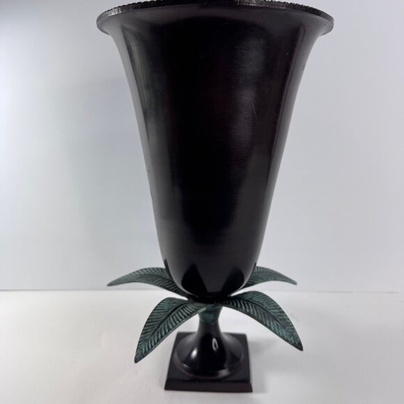 Tall Dark Finish Brass Fluted Vase w/ Brass Green Leaves 12.5" tall - Picture 3 of 10